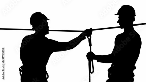 Silhouette of two construction workers with helmets and ropes working on a high line in black and white | editable eps vectors