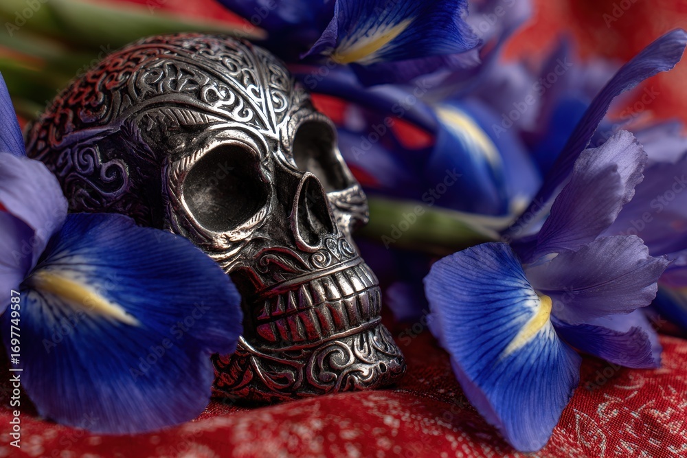 Fototapeta premium A decorative skull with intricate designs rests amongst vibrant blue iris flowers on a red fabric background.