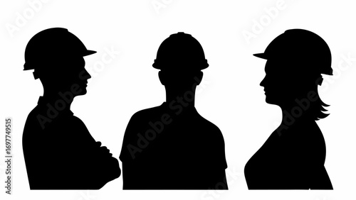 Three construction workers in silhouette wearing hard hats stand side by side on a white background | editable eps vectors