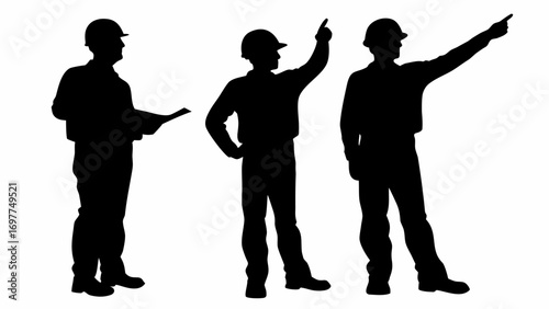 Silhouettes of three construction workers in hard hats one holding plans and two pointing into the distance | editable eps vectors