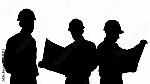 Silhouette of three construction workers in hard hats reviewing blueprints against a white background scene | editable eps vectors
