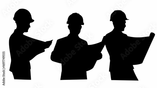 Three construction workers in silhouette reviewing blueprints wearing hard hats on a white background scene | editable eps vectors