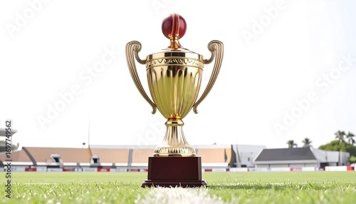 Golden cricket trophy on a field