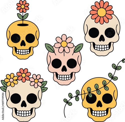 Skulls adorned with colorful flowers and green leaves leaf yellow