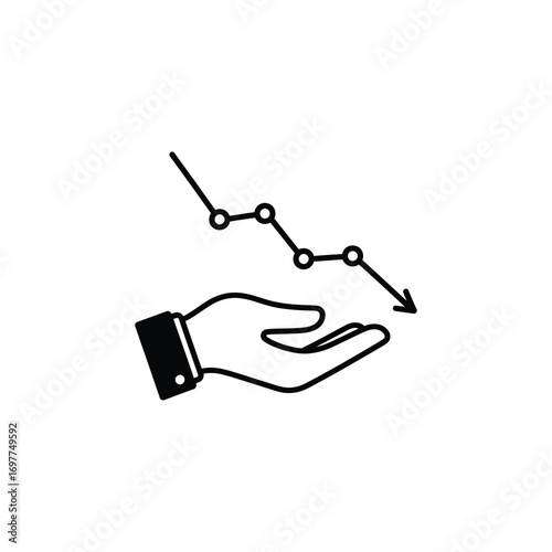 Conceptual illustration of business downturn and economic decline, featuring a downward-trending line graph descending into an open hand, symbolizing market loss and financial challenges