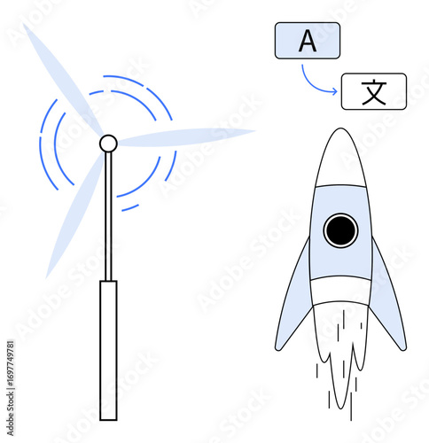 Wind turbine spinning beside a rocket lifting off with multilingual text bubble. Ideal for sustainability, energy, innovation, progress, language learning, clean technology, global connectivity
