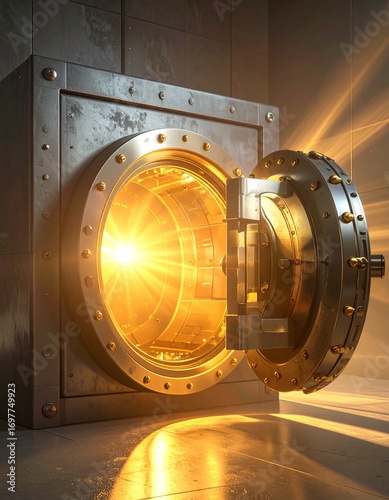 Very large Open Safe With golden Light shining from within the safe.