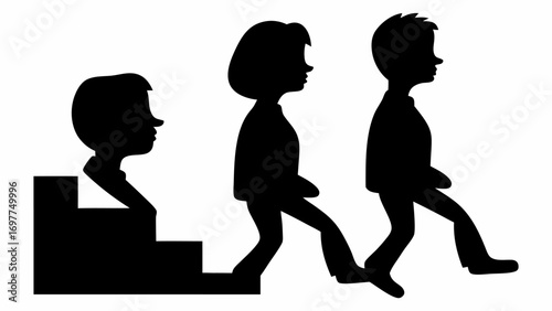 Silhouette of three people walking down stairs in a straight line on a white background in a cartoon style | editable eps vectors