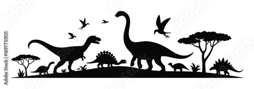 Epic silhouette illustration of a prehistoric world, featuring a diverse array of dinosaurs, ancient trees, and birds, perfect for historical and natural themes