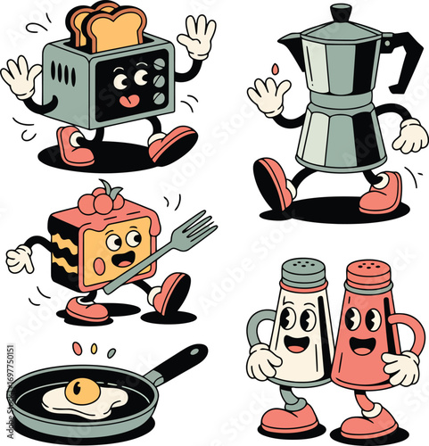 Toaster coffee pot cake slice fried egg salt pepper shakers bread