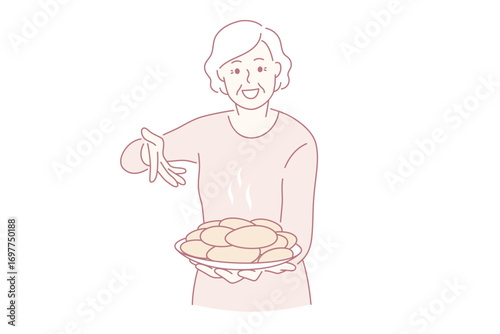 Treatment from grandmother and food concept. Smiling happy elderly woman Grandmother holding plate full of freshly baked pies cakes vector illustration