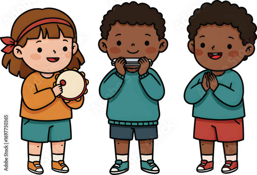 Three joyful children play music with tambourine and harmonica, evoking cheer and happiness. Ideal for marketing campaigns promoting positivity and joy.