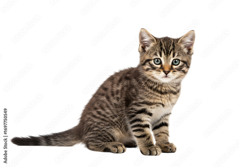 Obraz premium Adorable tabby kitten sitting and looking directly into the camera Isolated on transparent background