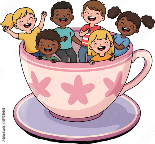 Group of smiling children in giant teacup suitable for childrens book illustrations, tea party invitations, or whimsical advertising campaigns.