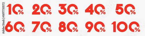 set of collection of discount numbers red color, Sale icons or tags with 10, 20, 30, 40, 50, 60, 70, 80, 90 percent discount. Vector illustration.