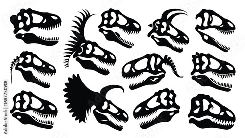 Collection of Dinosaur Skull Silhouettes A Diverse Set of Prehistoric Animal Head Outlines for Educational and Design Use, Vector Art