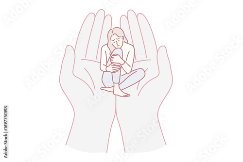 Depression, grief and support concept. Young sad depressed girl cartoon character sitting in human hands palms embracing holding her vector illustration