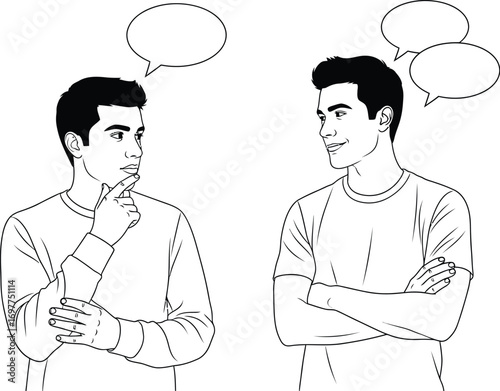 Two men communicating with thought bubbles above their heads, one contemplating and the other smiling.