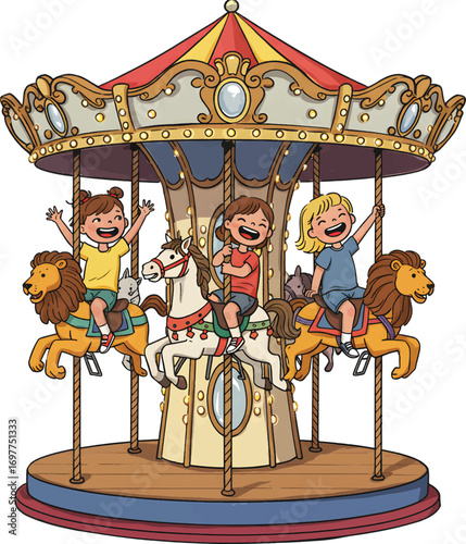 Three joyful children on carousel ride  perfect for childrens amusement park concept, family fun activities, and advertising campaigns.