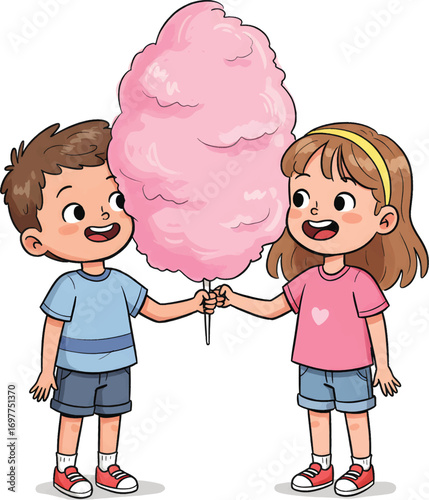 Two happy children enjoying a large stick of pink cotton candy at a fair. Exciting and playful concept for marketing materials.