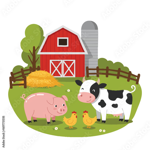 Cute farm animals, a pig, cow, and chicken, happily interact in a vibrant barnyard with a red barn, a simplified flat 2D vector with bright colors.