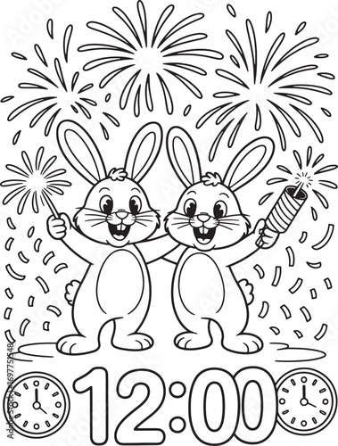 Cartoon rabbits celebrate with firework and sparkler at twelve o'clock, transparent background