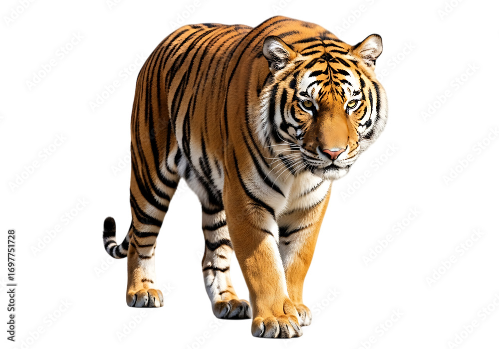 Fototapeta premium Majestic tiger walking towards viewer Isolated on transparent background