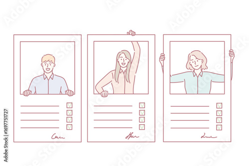 Resume, questionnaire and fulfilling forms concept. Profiles of young people candidates with signs and personal information fulfilled in forms vector illustration