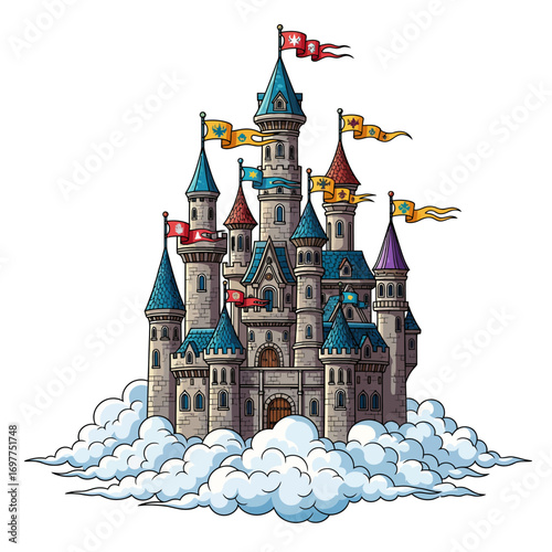 A whimsical cartoon fairytale castle with blue turrets and colorful flags, floating on a bed of fluffy white clouds.