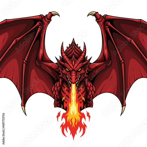 A fierce, symmetrical red dragon with wings spread wide breathes a powerful stream of fire from its mouth against a white background.