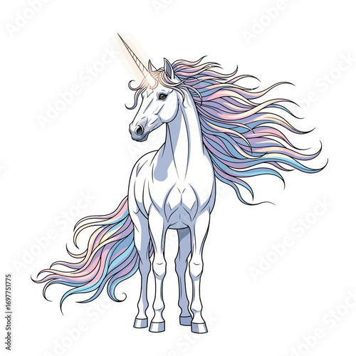 Beautiful white unicorn with a glowing horn and a flowing, pastel-colored mane and tail, standing gracefully.