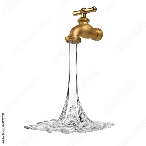 Brass water faucet with flowing water isolated on transparent background