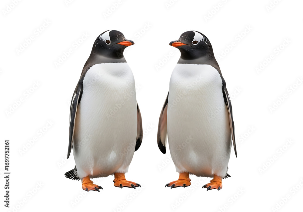 Obraz premium Two majestic gentoo penguins standing together Isolated on transparent background