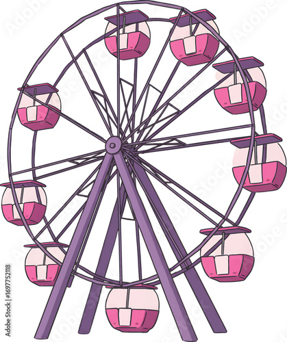 Pink and purple ferris wheel in amusement park. Perfect for travel, entertainment, and leisure concept designs and projects.
