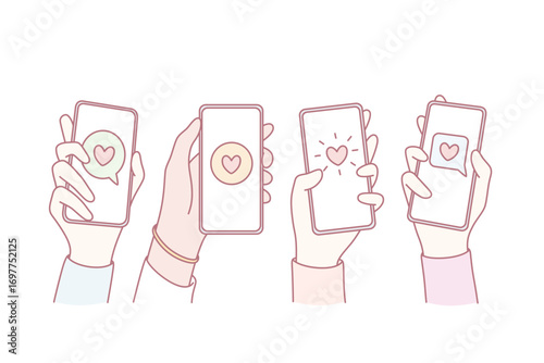 Online dating, love and mobile concept. Hands of people holding smartphones with hearts and communication chats on screens vector illustration