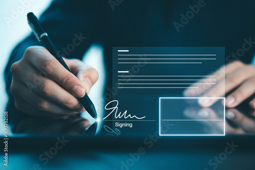 Digital signature concept signing document online with pen on tablet e signature agreement contract 100