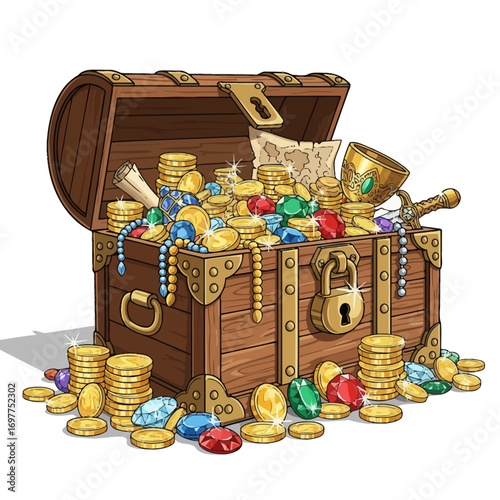 An open wooden pirate treasure chest overflowing with gold coins, sparkling jewels, a map, and a golden goblet.