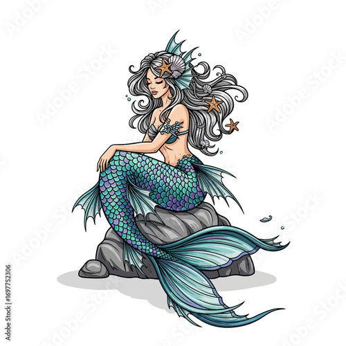 Beautiful mermaid with flowing grey hair and a teal scaled tail, adorned with starfish, sitting gracefully on a rock.