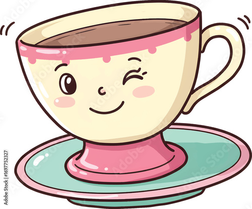 Cute winking teacup and saucer plate perfect for kitchen blogs, beverage promotions, and restaurant menus with a cozy theme.