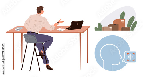 Businessman gesturing while working on logistics via laptop at desk. Cardboard boxes by plants and speech recognition icon illustrate workflow and communication. Ideal for business, logistics, tech