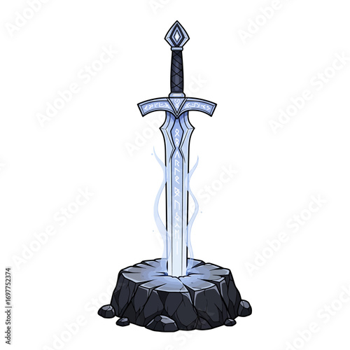 An enchanted fantasy sword with glowing blue runes stuck in a dark, cracked stone.
