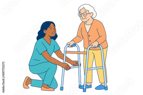 Elderly woman with walker assisted by nurse in clean flat style on white background, concept of caregiving, health and support. Ai generative