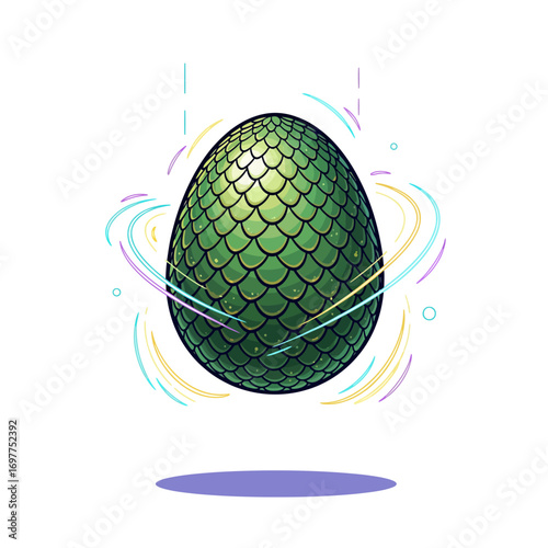 A mystical green dragon egg with iridescent scales, levitating with magical energy swirling around it.
