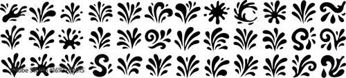 Collection of abstract splash and splatter elements in bold black style. Perfect for liquid icons, decorative water shapes or motion design effects.
