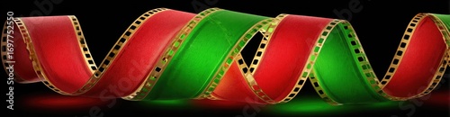 Red and green ribbon with film strip design, curled and flowing