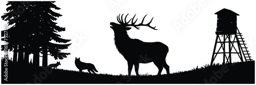 Silhouette of a majestic stag roaring, accompanied by a wolf and a hunting blind against a pine forest backdrop, evoking a wild, natural wilderness scene
