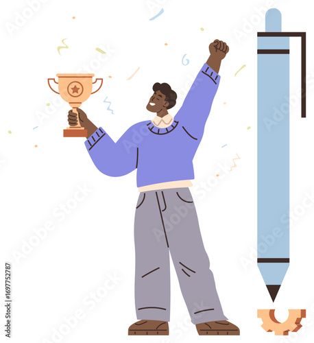 Confident individual raising a trophy in triumph beside a large pen, symbolizing accomplishment and creativity. Ideal for success, motivation, education, career growth, achievement, empowerment