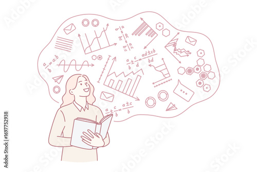 Higher education in college concept. Young smiling female student standing learning mathematics in university with formulas vector illustration