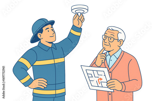 Firefighter tests smoke detector while elderly man holds escape plan, flat style on white background, concept of fire safety awareness. Ai generative