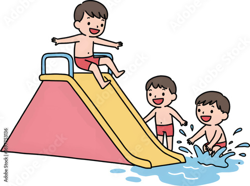 Three playful children on a colorful water slide, perfect for summerthemed designs, family vacation brochures, and recreational activity promotions.
